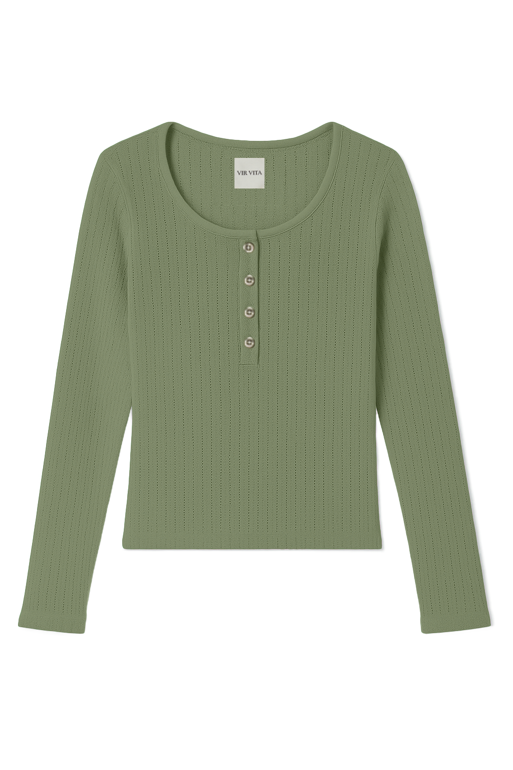 Flat image of a sage green cotton pointelle henley long sleeve top with matching buttons - VIR VITA
#color_sage