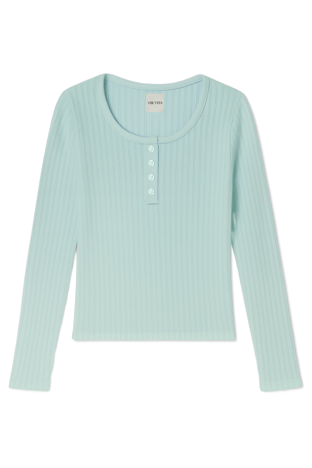 Flat image of a light turquoise cotton pointelle henley long sleeve top with matching buttons - VIR VITA
#color_sea glass