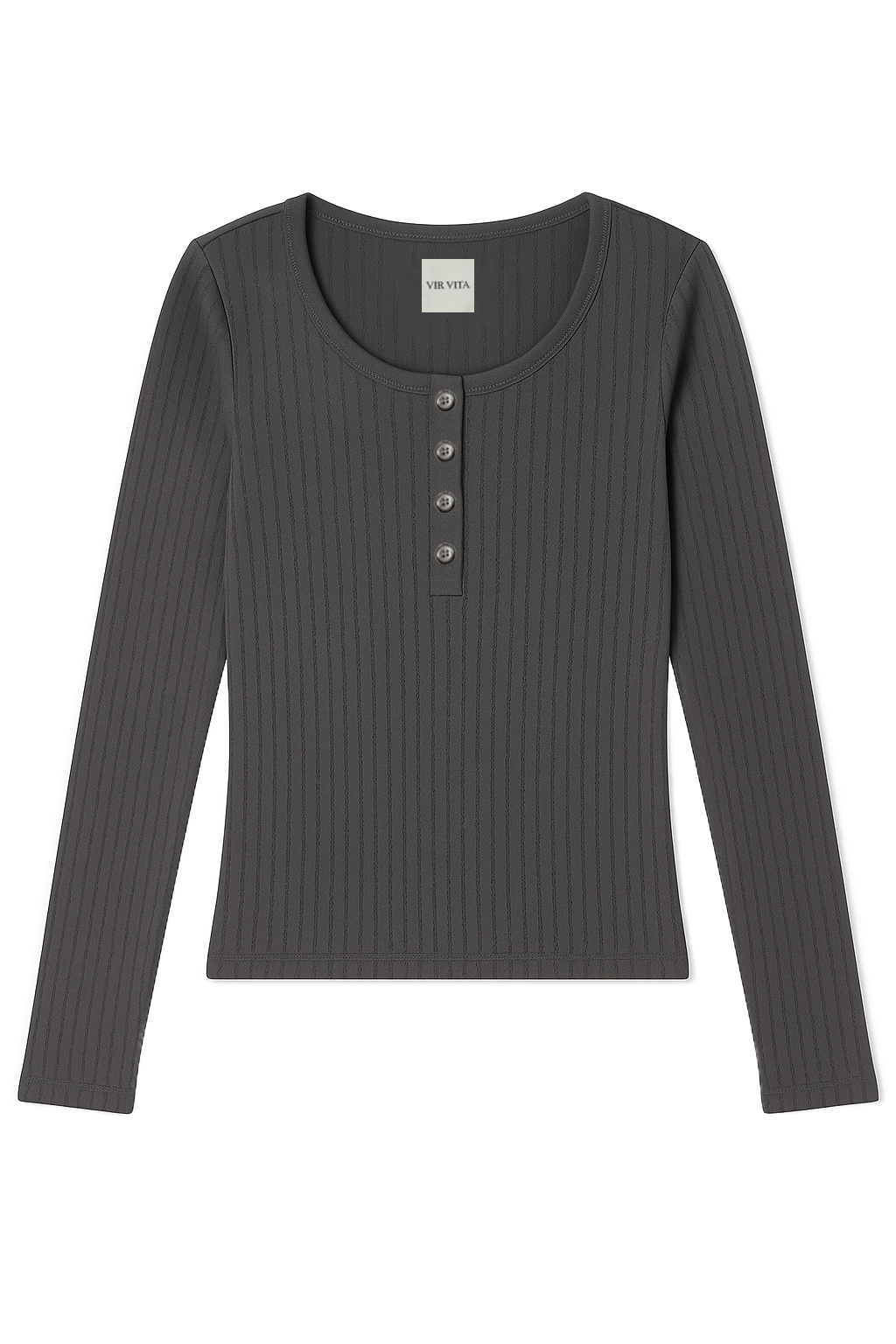 Flat image of a dark grey cotton pointelle henley long sleeve top with matching buttons - VIR VITA
#color_stone grey