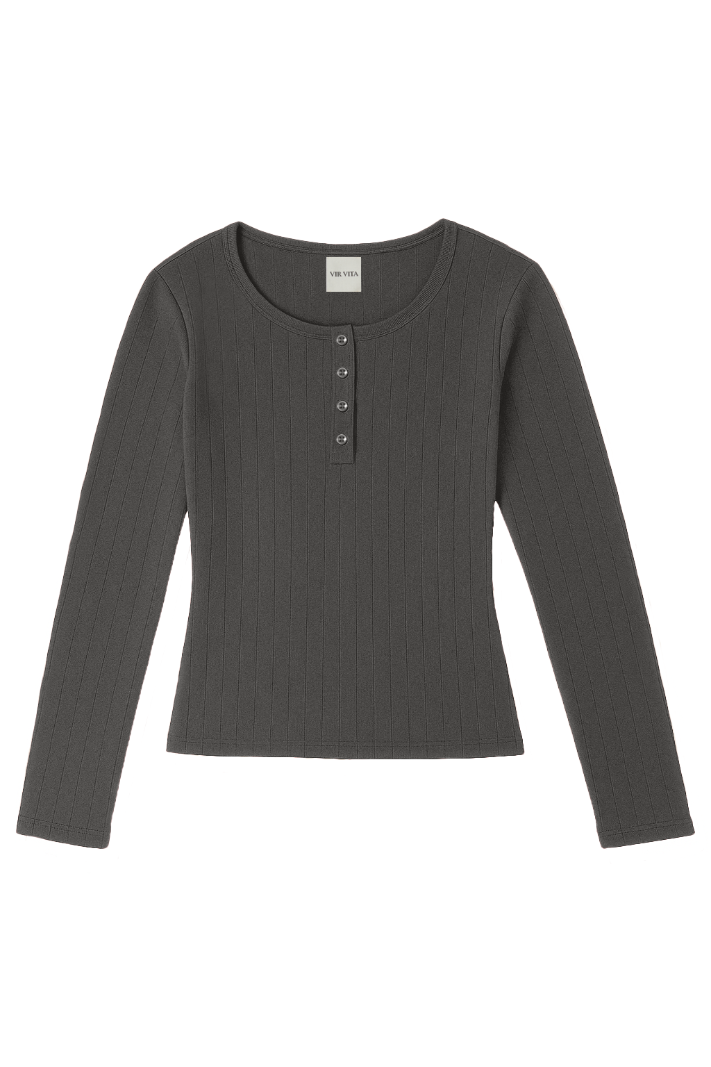 Flat image of a dark grey cotton pointelle henley long sleeve top with matching buttons - VIR VITA
#color_stone grey