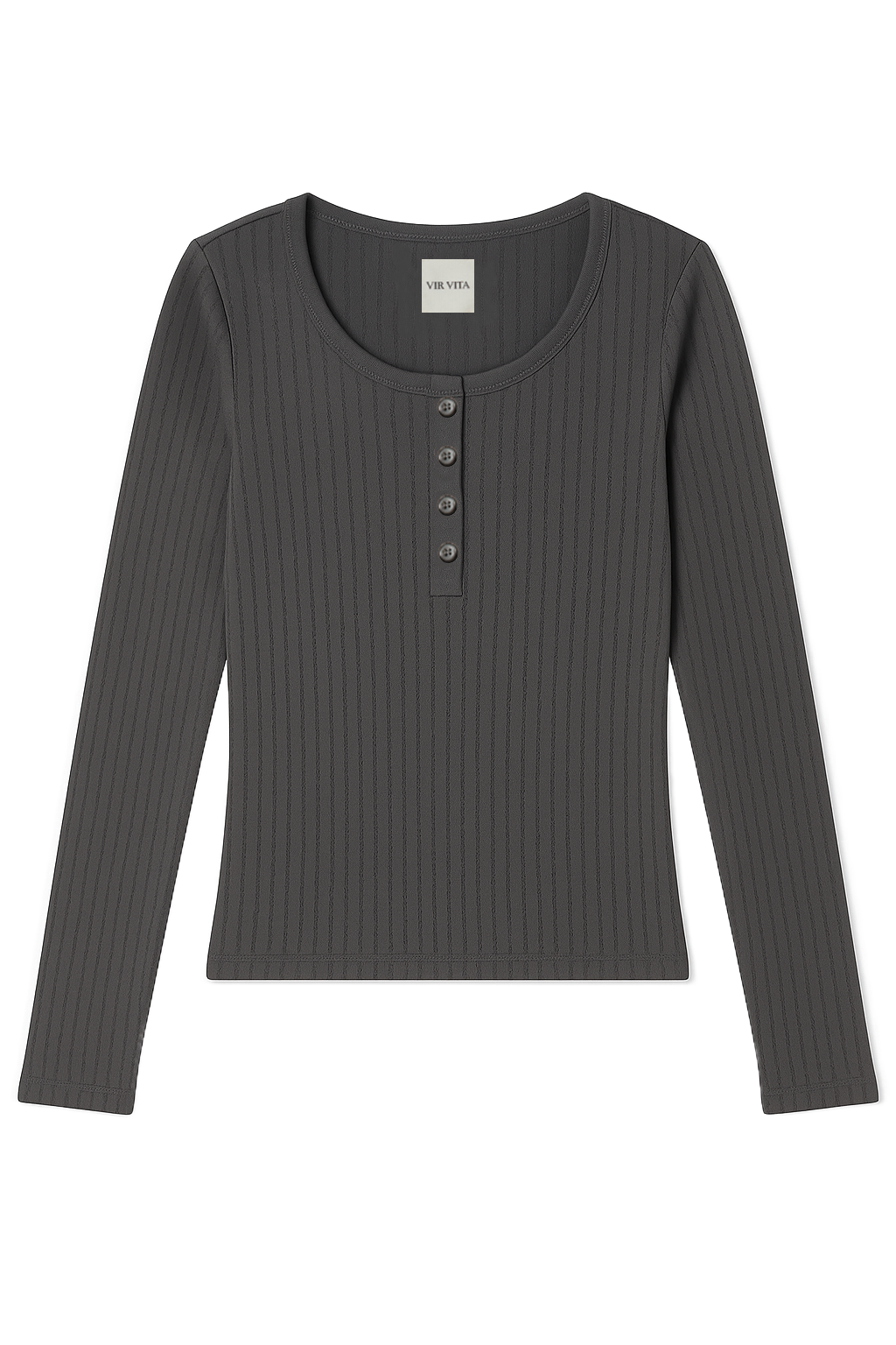 Flat image of a dark grey cotton pointelle henley long sleeve top with matching buttons - VIR VITA
#color_stone grey