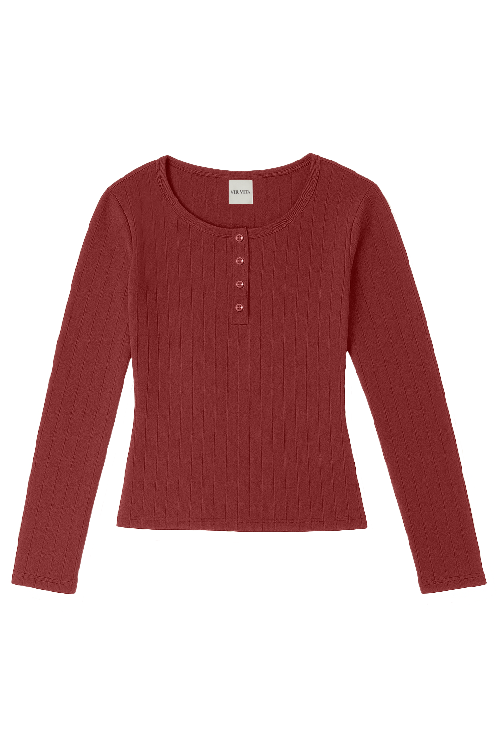 Flat image of a dark red cotton pointelle henley long sleeve top with matching buttons - VIR VITA
#color_sun dried tomato