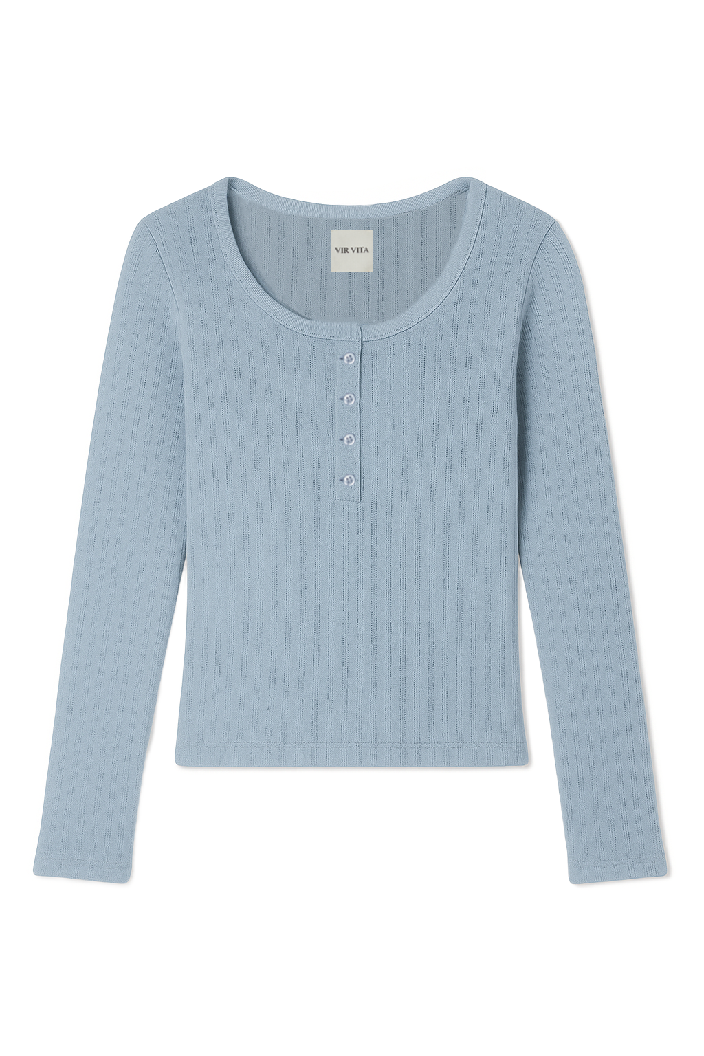 Flat image of a light blue cotton pointelle henley long sleeve top with matching buttons - VIR VITA
#color_vintage blue