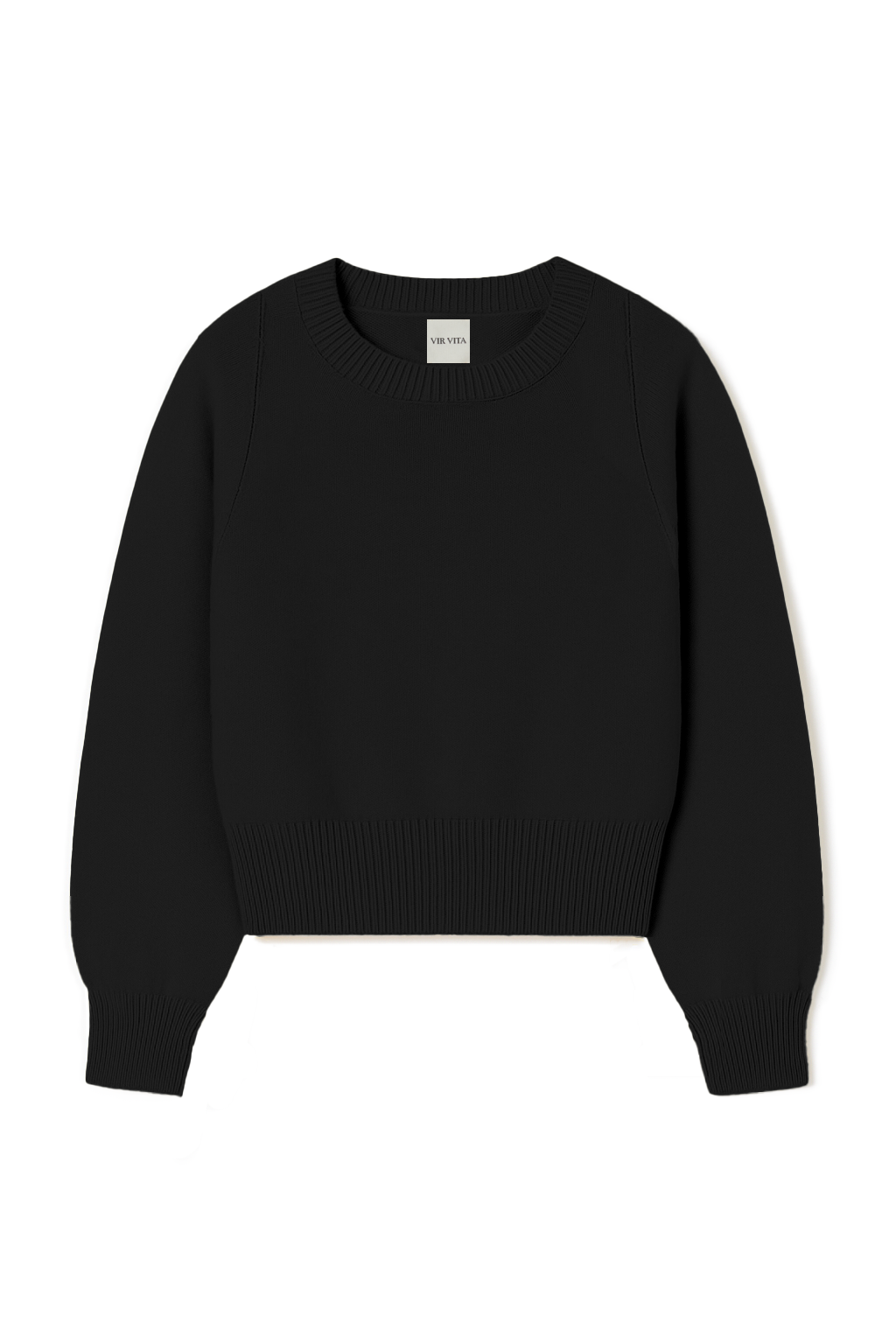 Flat image of a black luxurious and soft cashmere pullover sweater with a classic and relaxed silhouette - VIR VITA
#color_black