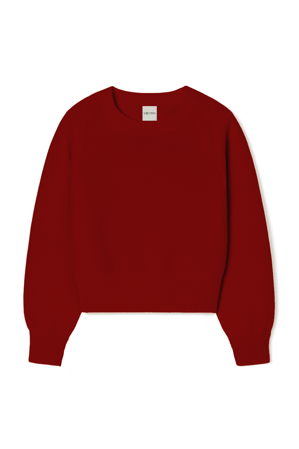Flat image of a red uxurious and soft cashmere pullover sweater with a classic and relaxed silhouette - VIR VITA
#color_cherry