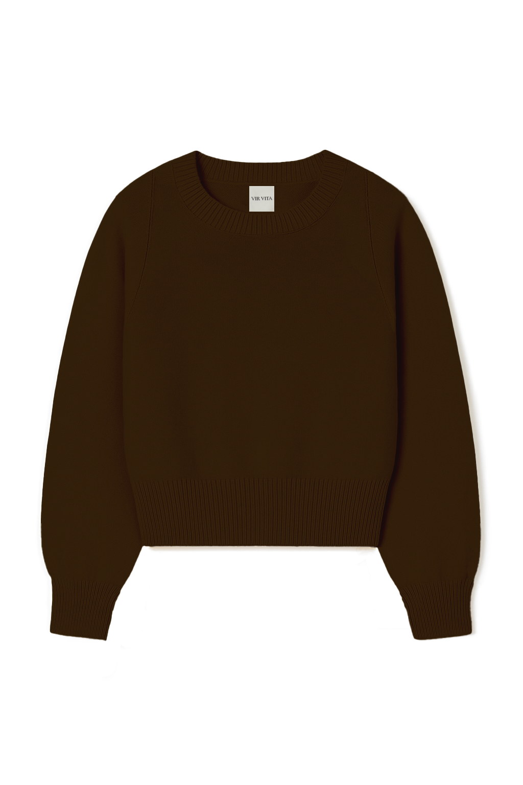 Flat image of a dark brown luxurious and soft cashmere pullover sweater with a classic and relaxed silhouette - VIR VITA
#color_espresso