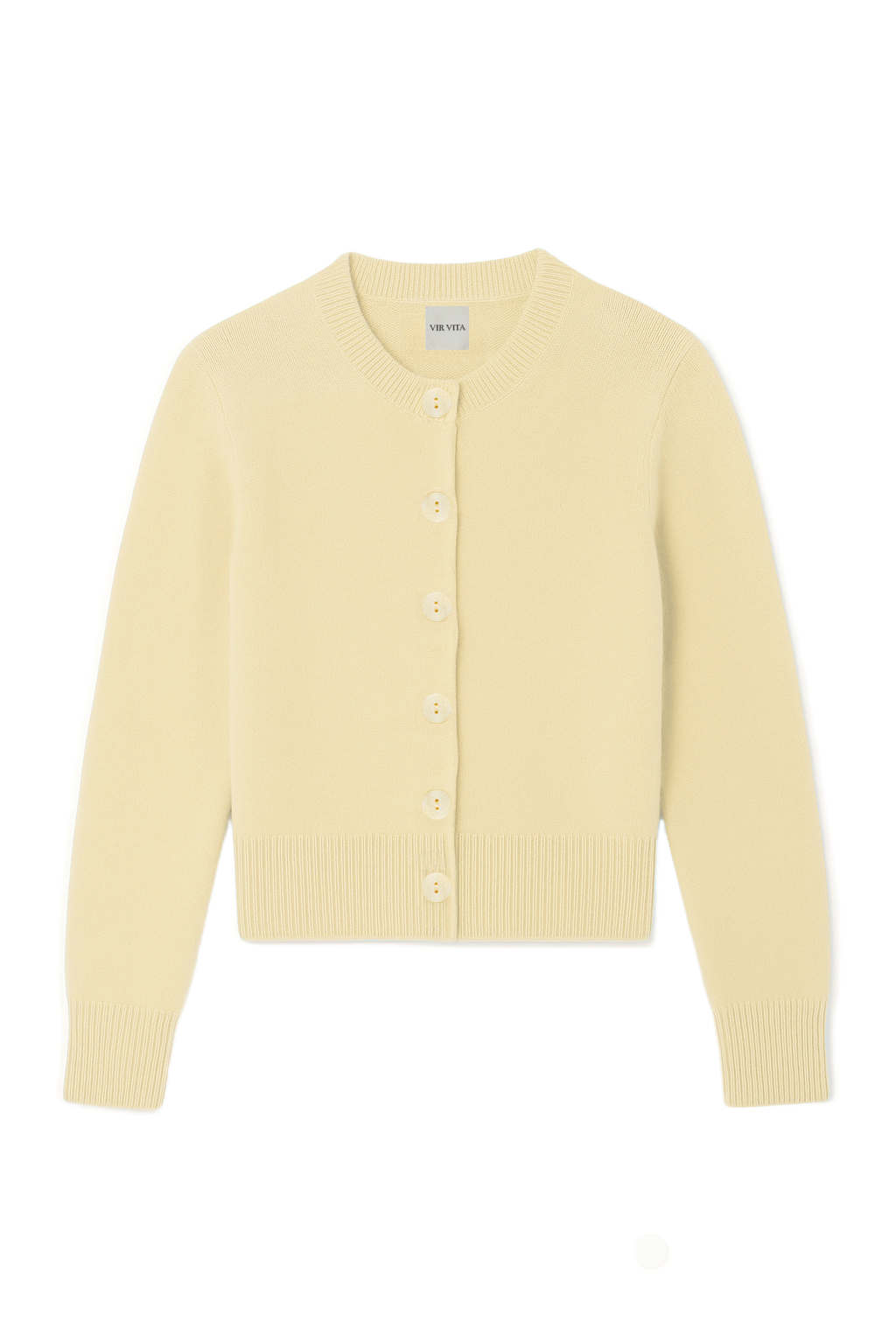 Flat image of a pale yellow ultra-soft luxurious cashmere button up cardigan - VIR VITA
#color_butter