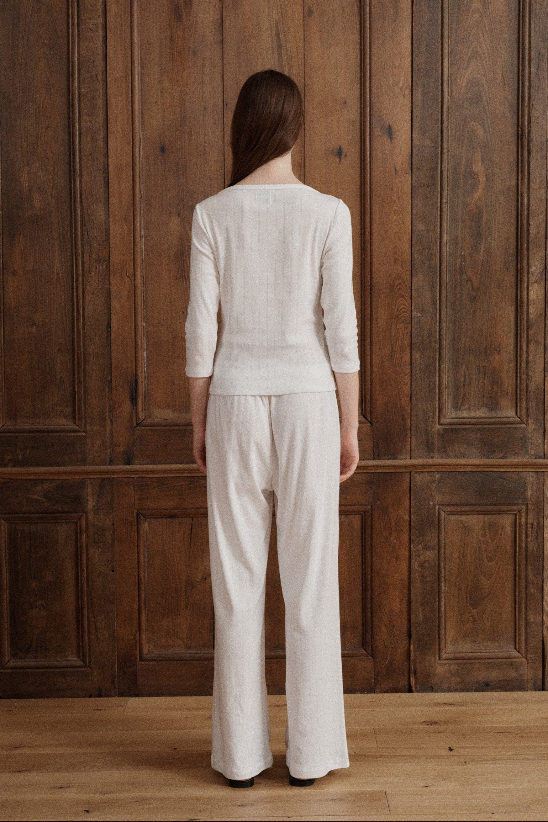 Soft white pointelle lounge pants with a relaxed straight-leg silhouette. - VIR VITA
#color_coconut