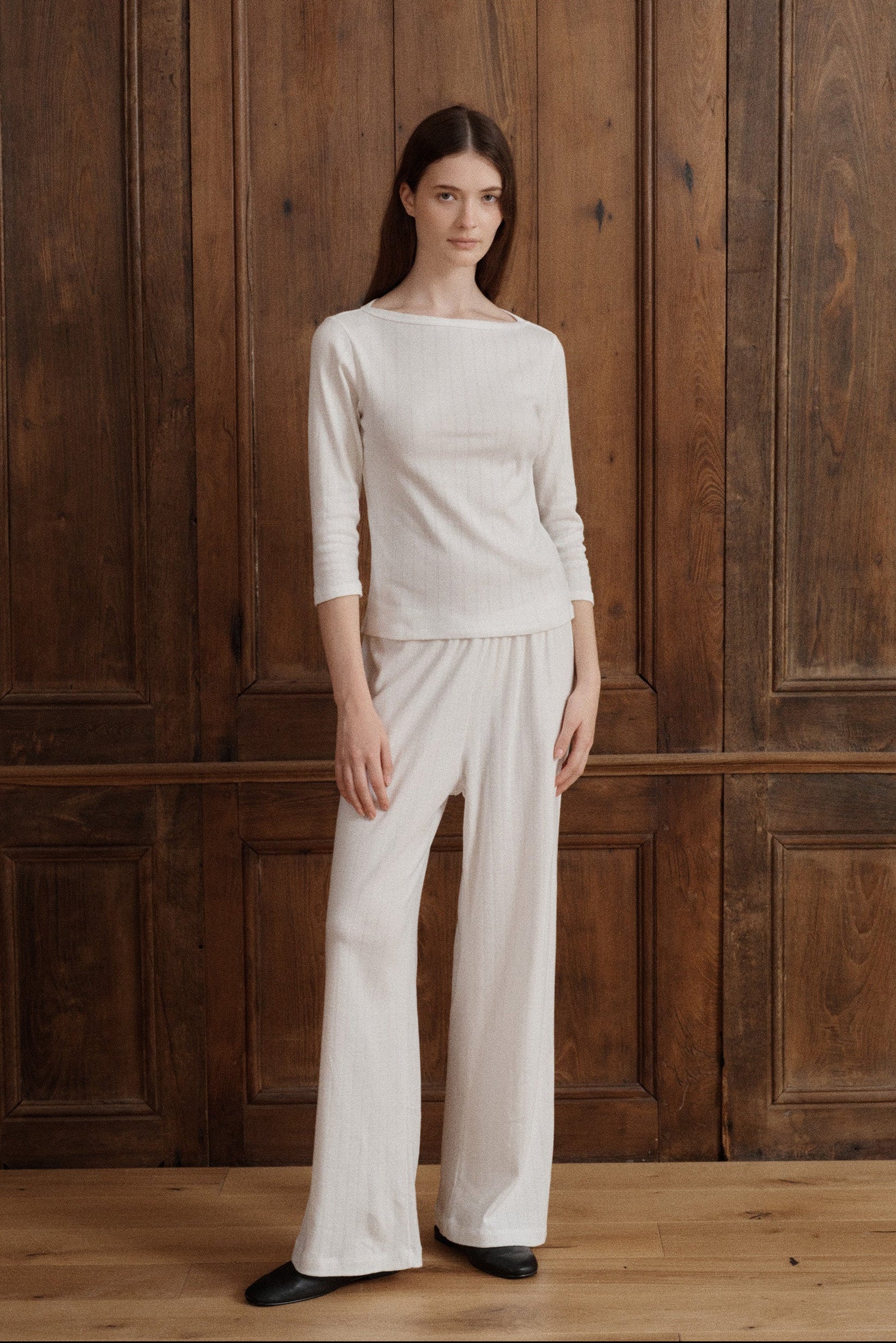 Women’s white pointelle lounge pants crafted from soft 100% cotton. - VIR VITA
#color_coconut