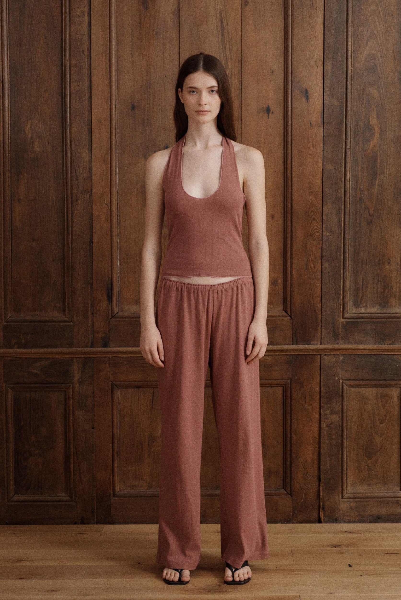 Petal pink pointelle cotton pants with a relaxed fit, straight leg, and soft textured finish. - VIR VITA
#color_petal