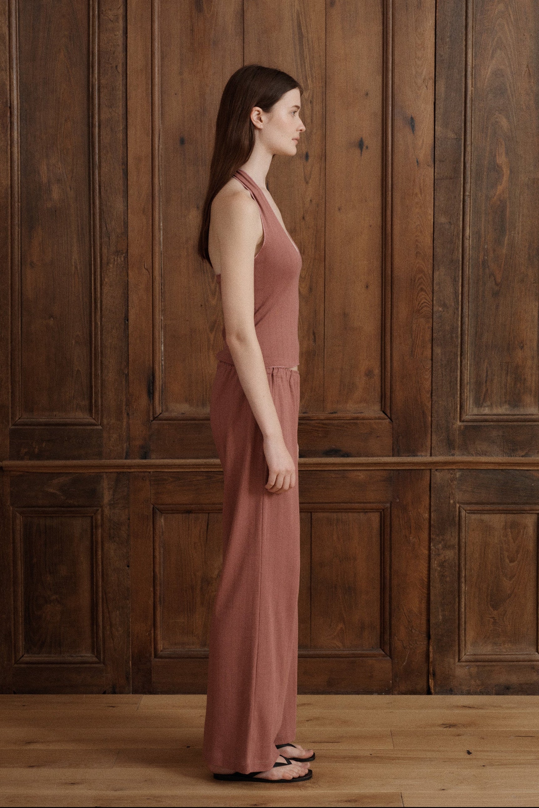 Soft cotton pointelle lounge pants in  petal pink with a relaxed straight-leg silhouette. - VIR VITA
#color_petal