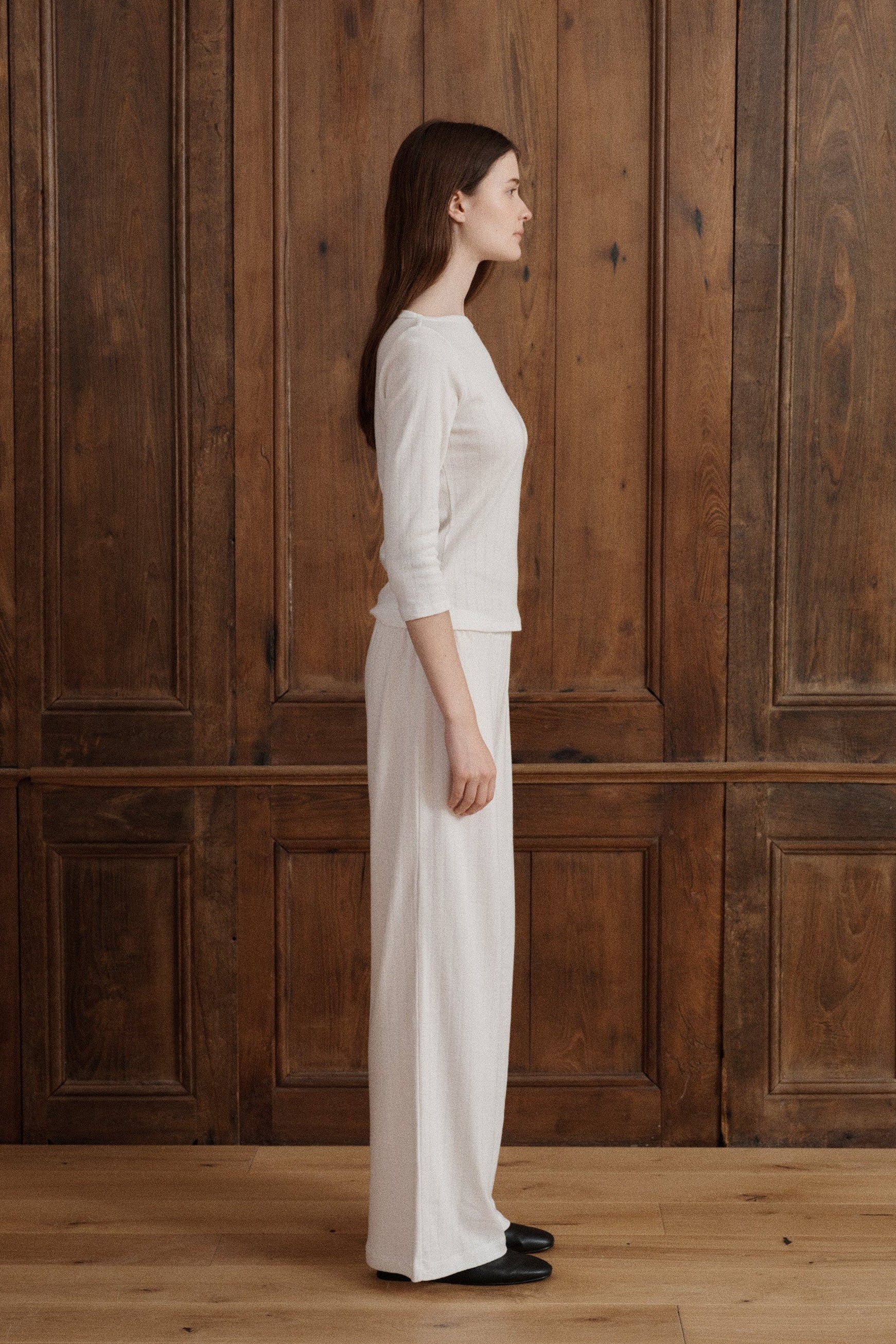 Relaxed pointelle cotton pants in white with an easy pull-on waistband. - VIR VITA
#color_coconut