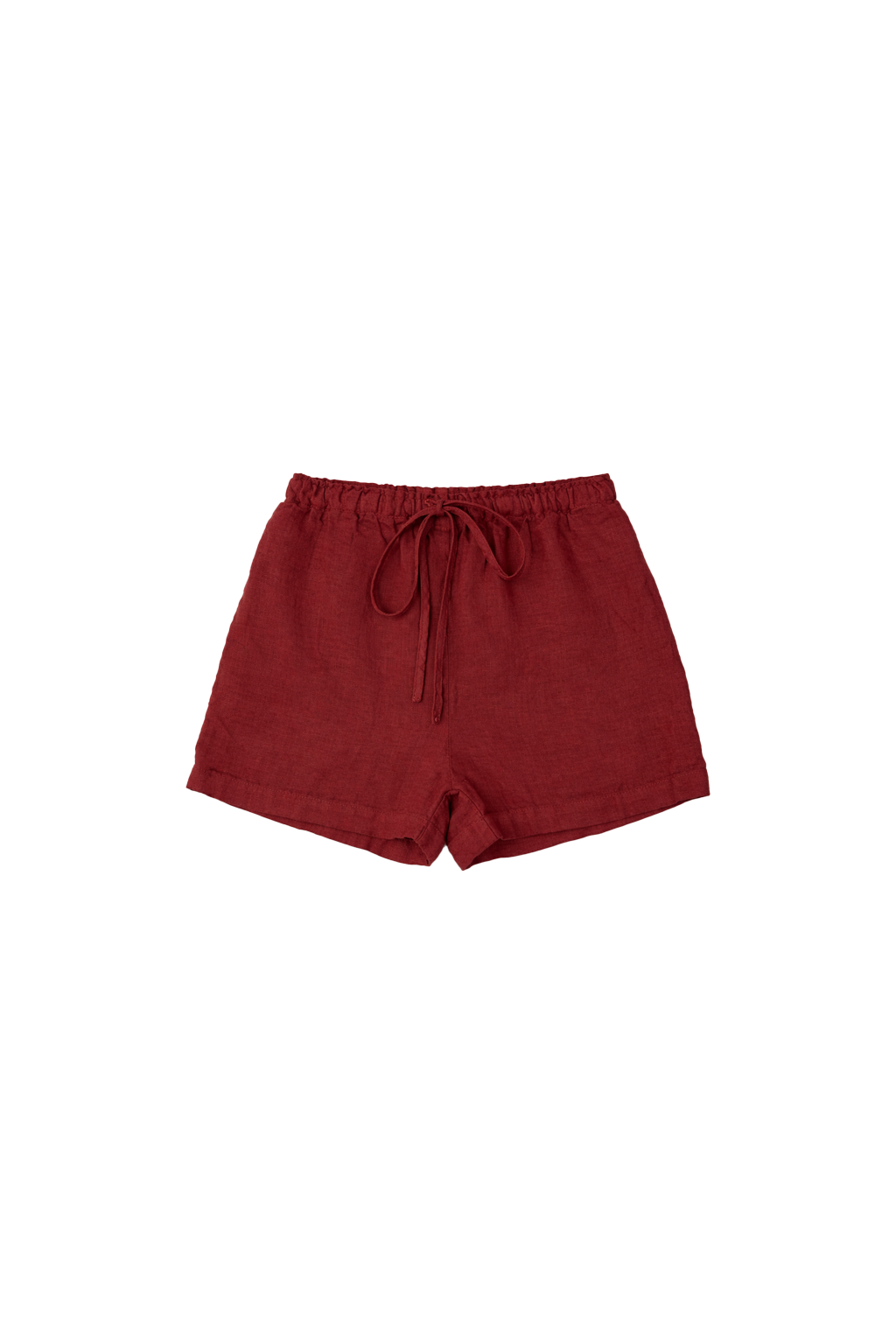 Flat image of sustainable 100% linen drawstring shorts in dark red - VIR VITA
#color_sun dried tomato