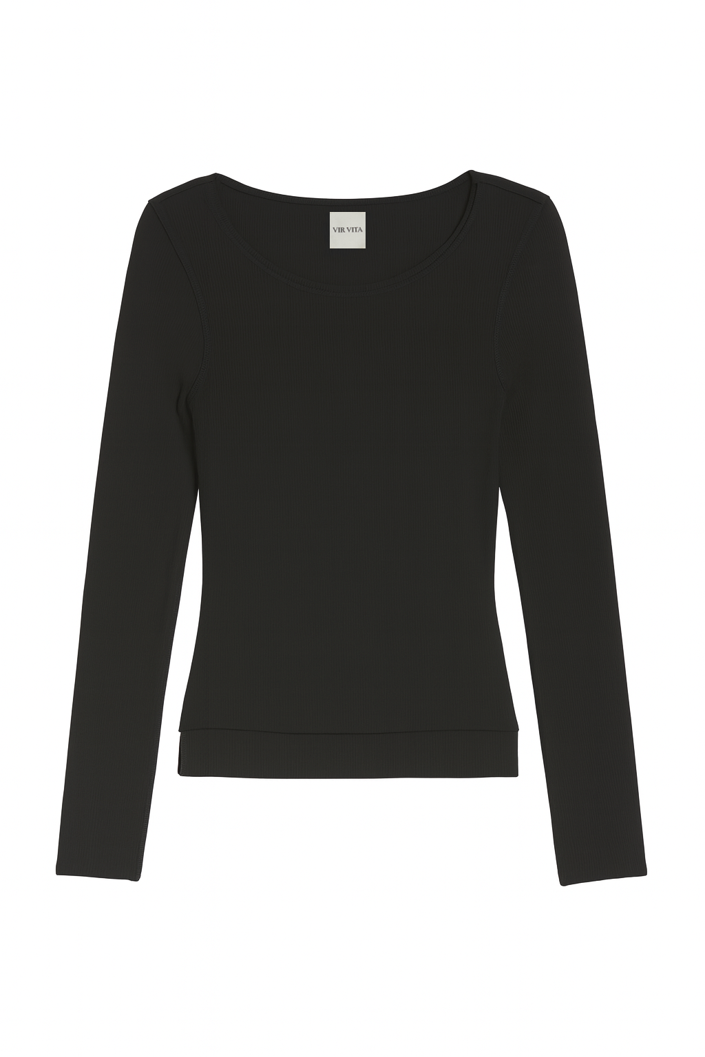 Flat image of a sustainable micro modal black buttery soft double lined long sleeve ribbed top. Classic, timeless, elegant, french style. natural organic clothing- VIR VITA 

#color_black