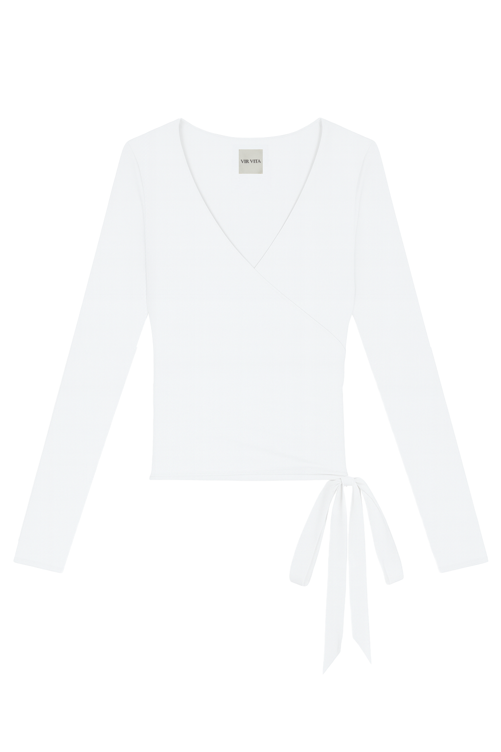 Flat image of a modal knit long sleeve wrap top featuring a classic ballerina silhouette in white - VIR VITA
#color_coconut
