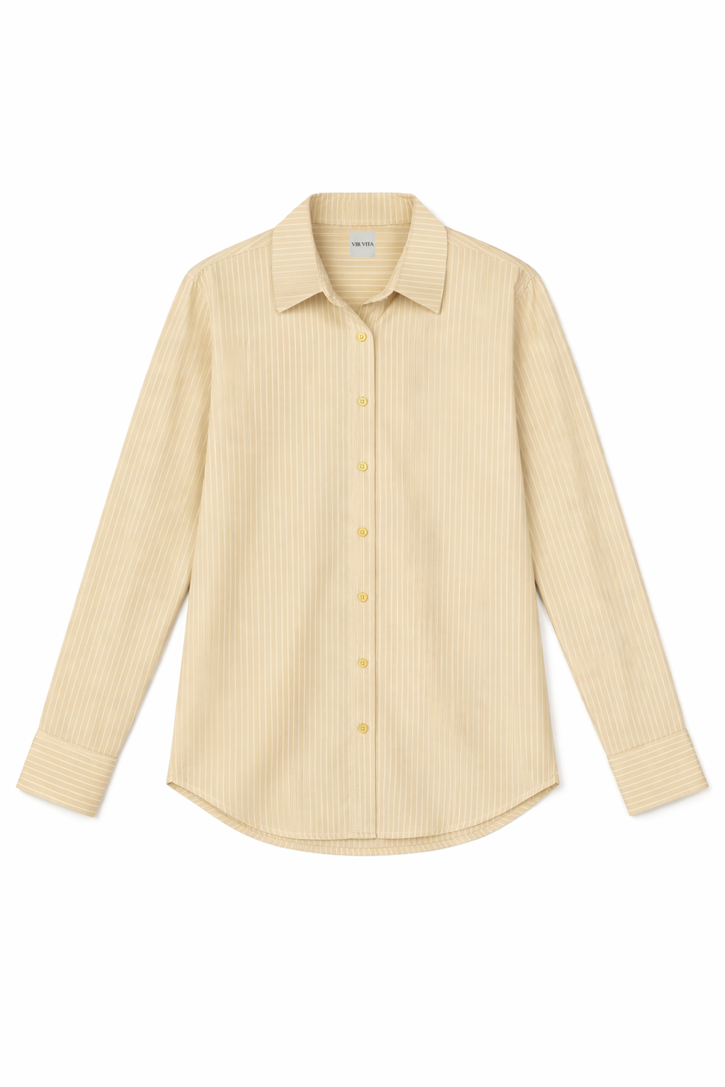 Flat image of a sustainable 100% cotton striped button up collared shirt in beige - VIR VITA
#color_dune stripe