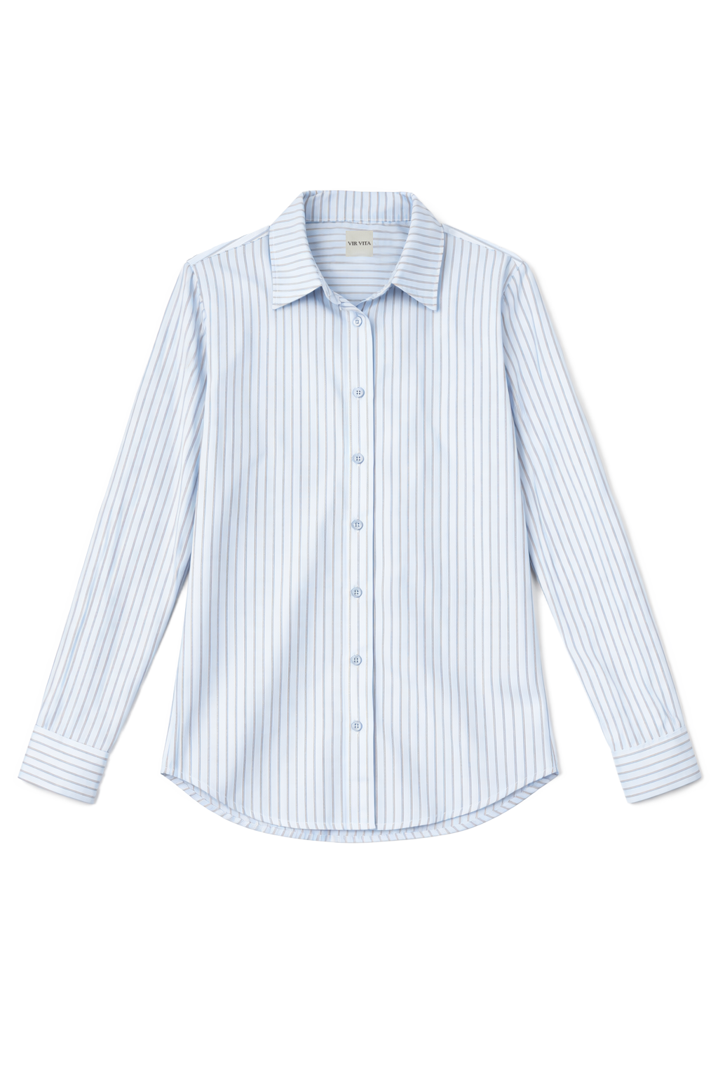 Flat image of a sustainable 100% cotton striped button up collared shirt in light blue - VIR VITA
#color_seaside stripe