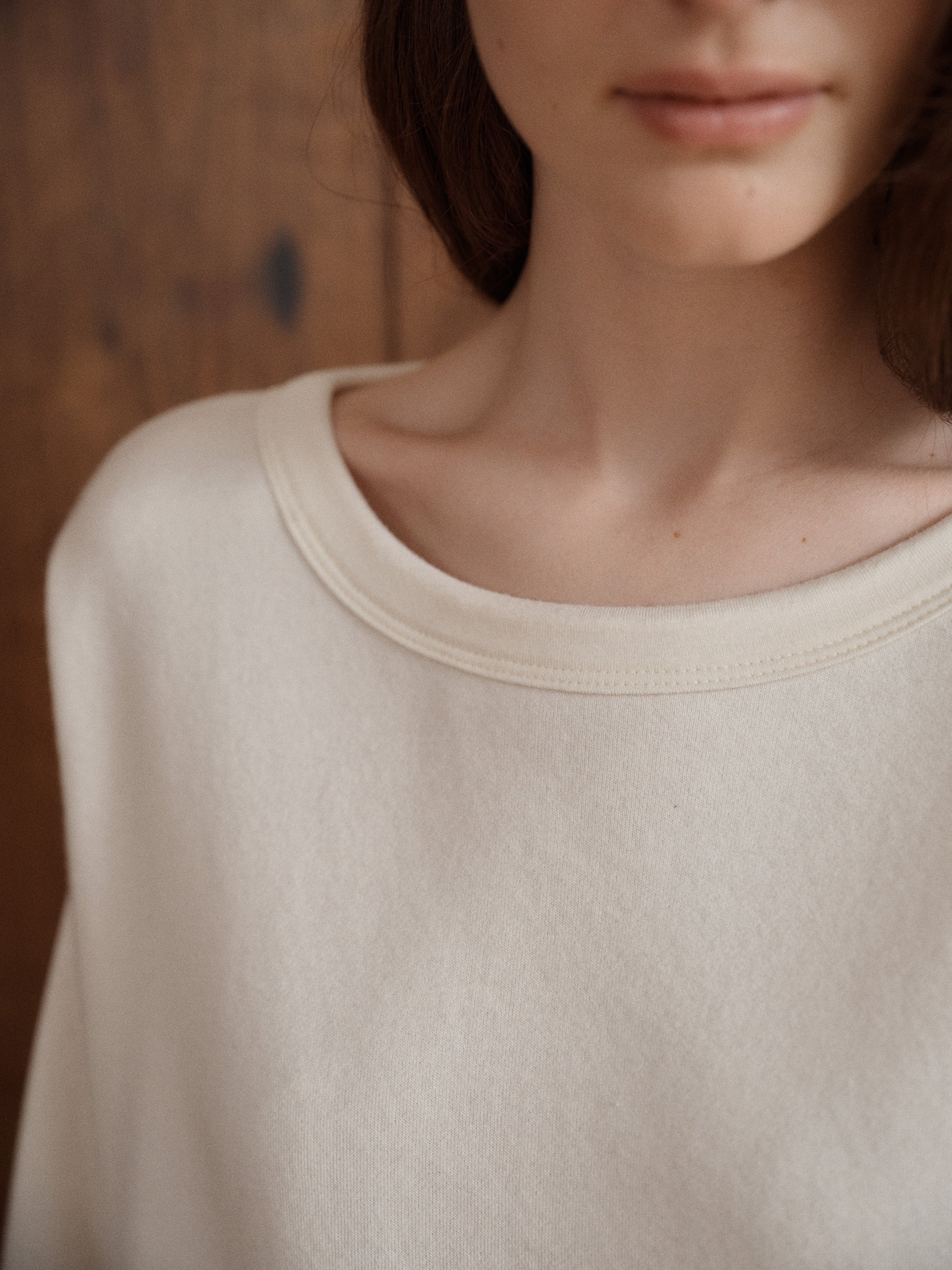 A relaxed French terry sweatshirt with dropped shoulders, long sleeves, and soft modal fabric trims at the neckline, cuffs, and hem. - VIR VITA
#color_natural