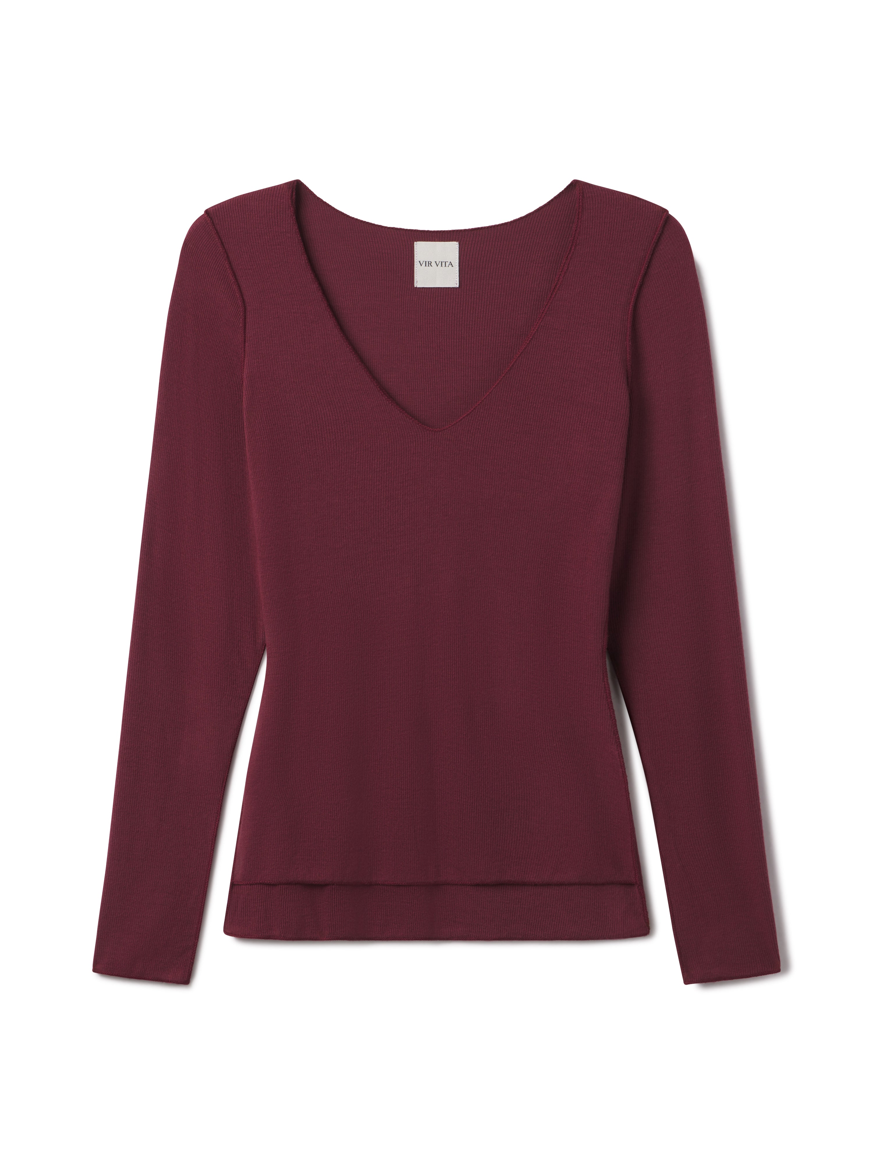 sustainable micro modal maroon buttery soft double lined v neck long sleeve ribbed top. Classic, timeless, elegant, french style. natural organic clothing- VIR VITA
#color_maroon