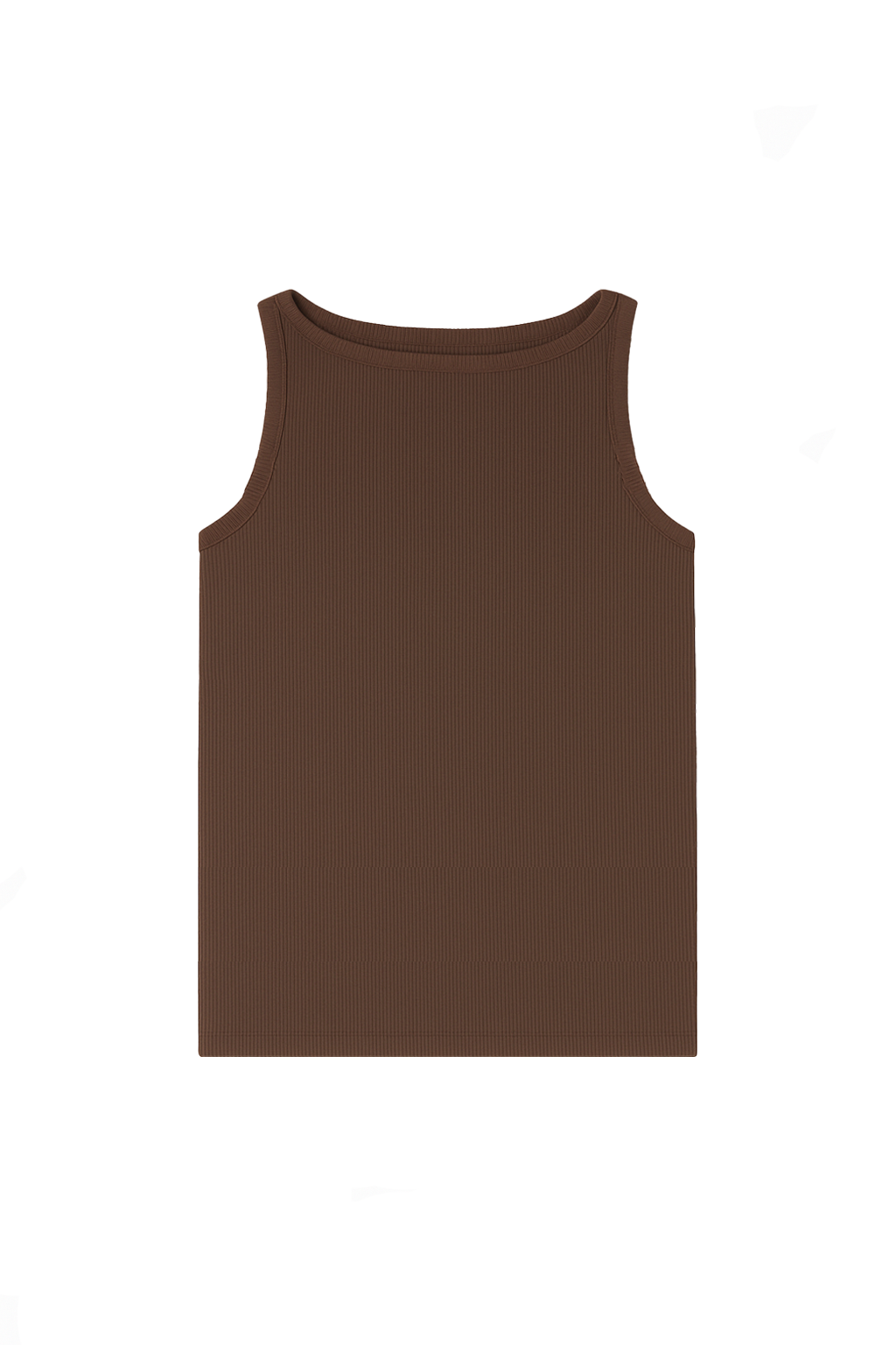 the luxurious supima cotton high neck tank top featuring a classic silhouette in dark brown paired with white jeans and a brown belt- VIR VITA 
#color_chestnut
