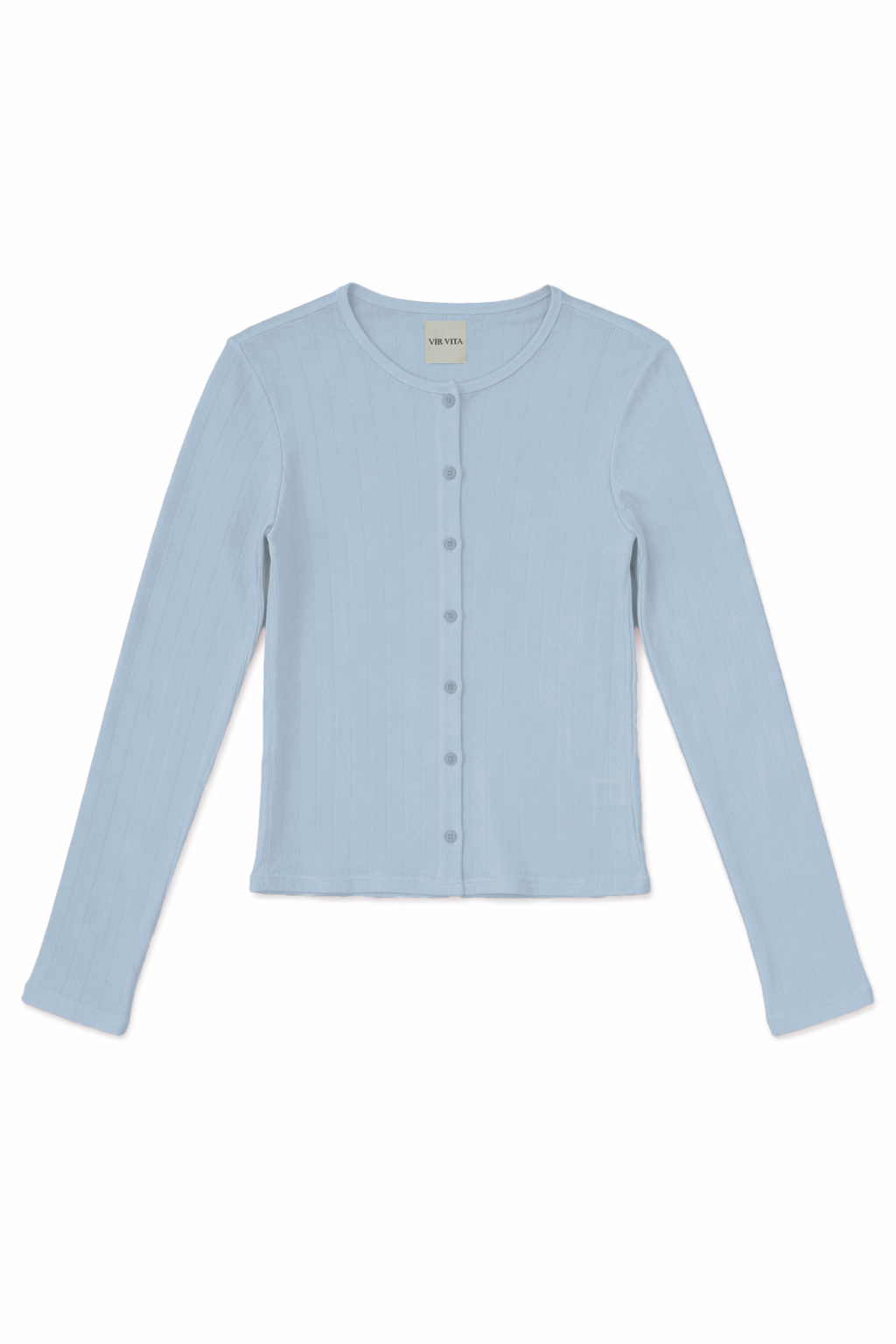 Flat image of a button up sustainable 100% cotton pointelle knit cardigan in light blue - VIR VITA
#color_vintage blue