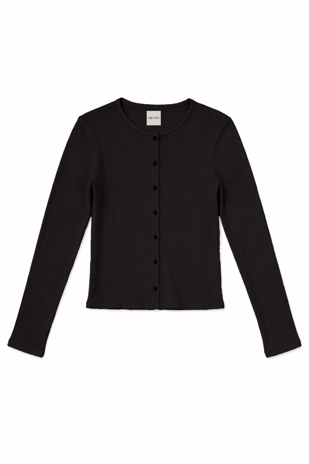 Flat image of a button up sustainable 100% cotton pointelle knit cardigan in black - VIR VITA
#color_black