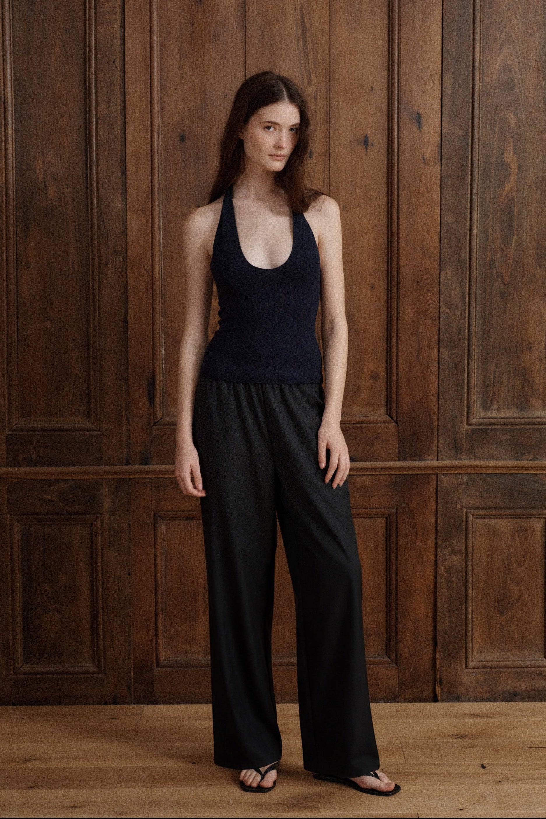Midnight navy halter top with a plunging scoop neckline and adjustable tie at the neck. - VIR VITA
#color_midnight