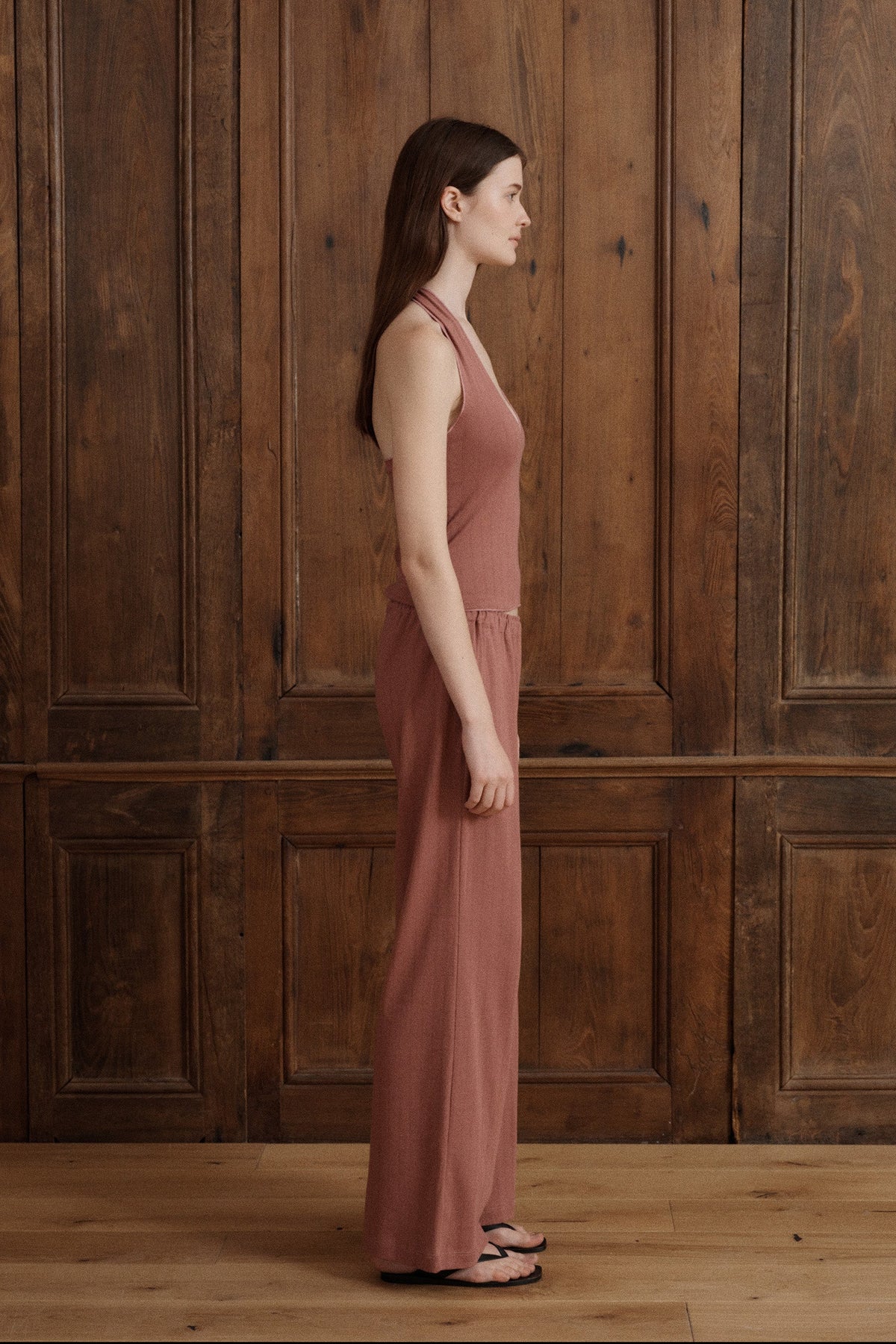 Pointelle cotton halter tank in petal pink with an adjustable bow tie neckline. - VIR VITA
#color_petal