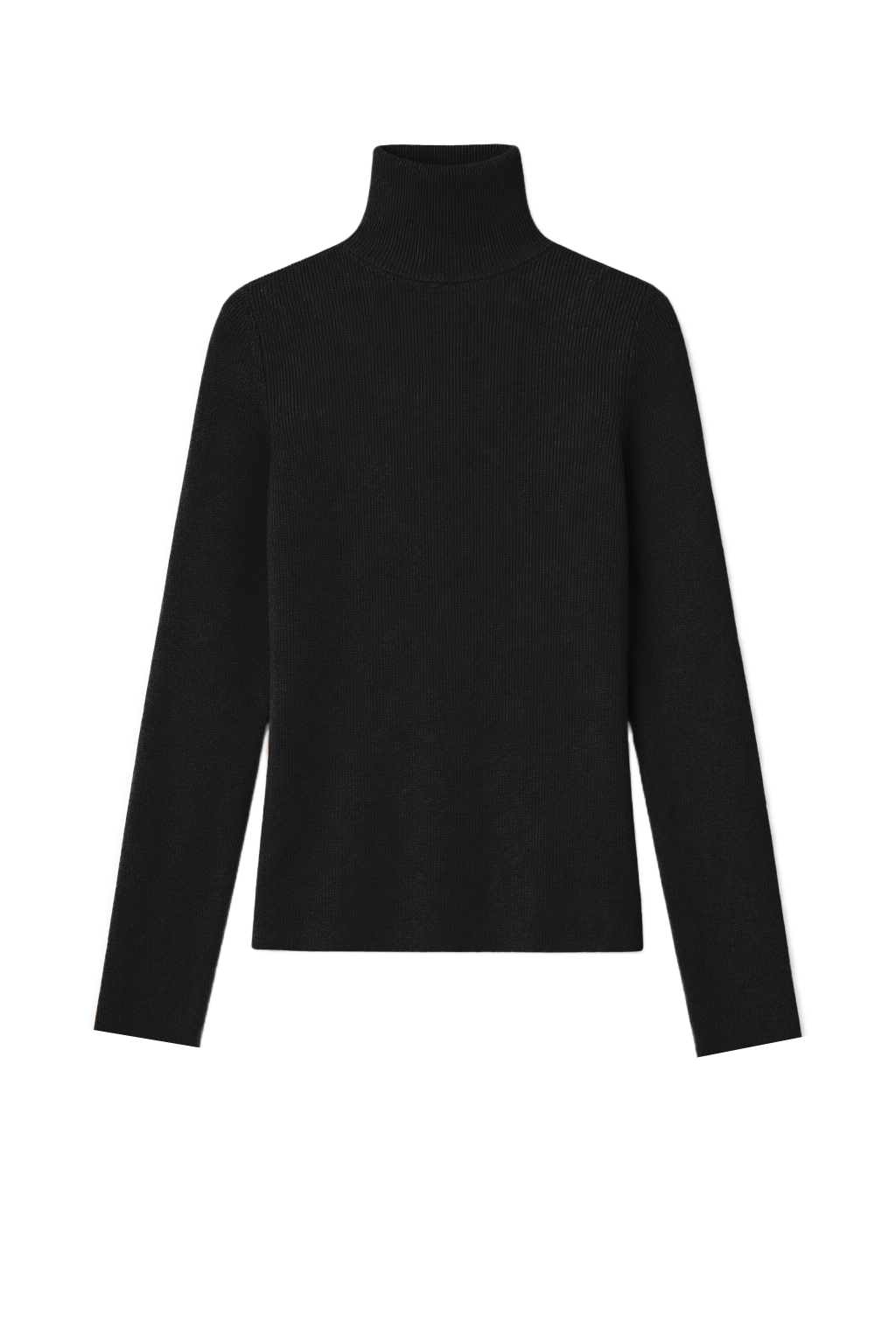 Flat image of a black fitted turtleneck crafted from a fine wool, cashmere and silk blend. - VIR VITA
#color_black
