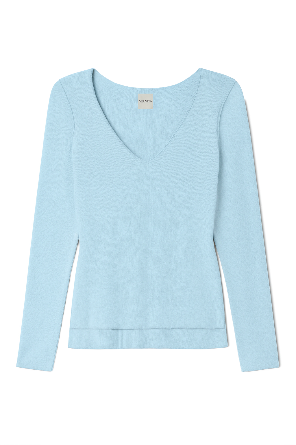 sustainable micro modal baby blue buttery soft double lined v neck long sleeve ribbed top. Classic, timeless, elegant, french style. natural organic clothing- VIR VITA
#color_baby blue