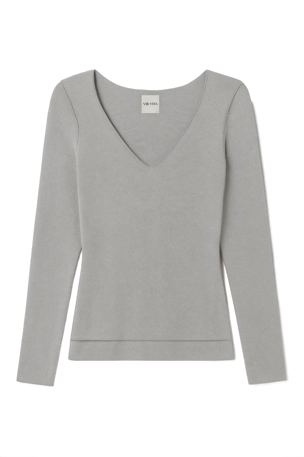 Flat image of a sustainable micro modal grey buttery soft double lined v neck long sleeve ribbed top. Classic, timeless, elegant, french style. natural organic clothing- VIR VITA
#color_grey