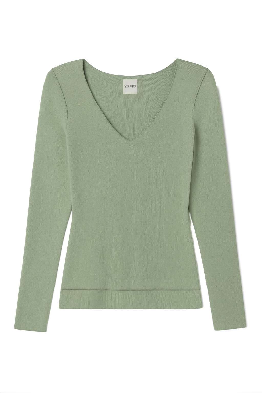 sustainable micro modal sage green buttery soft double lined v neck long sleeve ribbed top. Classic, timeless, elegant, french style. natural organic clothing- VIR VITA
#color_sage