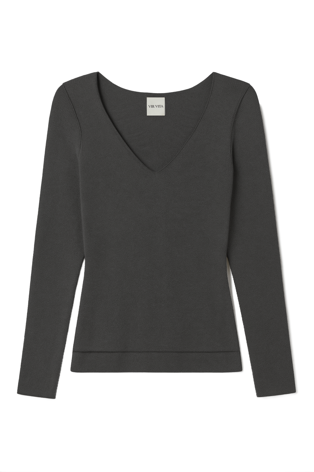 sustainable micro modal dark grey buttery soft double lined v neck long sleeve ribbed top. Classic, timeless, elegant, french style. natural organic clothing- VIR VITA
#color_stone grey