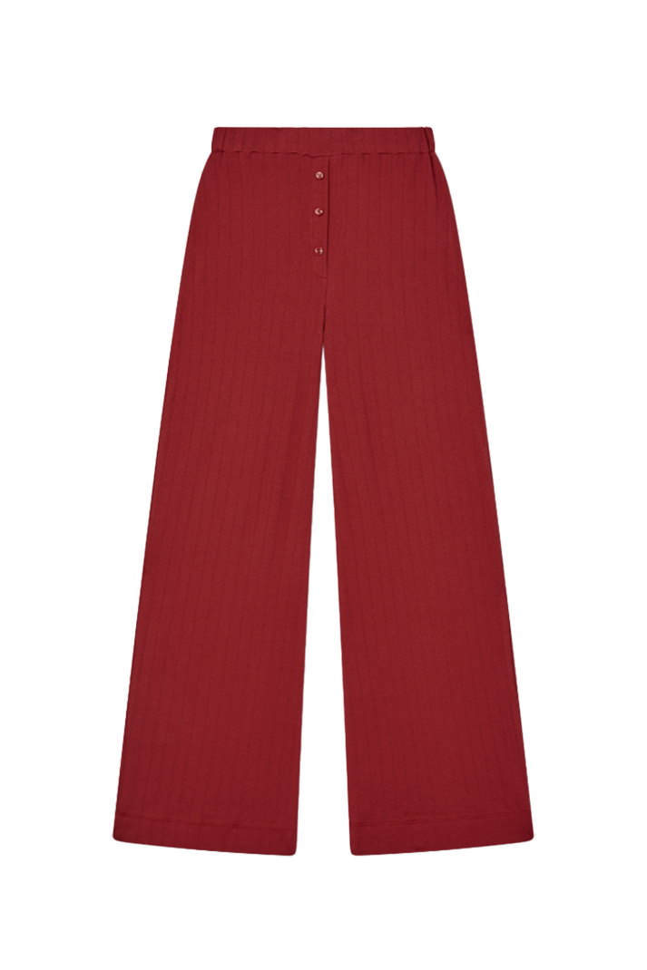 Sustainable pointelle lounge pants made of 100% recycled cotton featuring a relaxed straight leg fit in dark red - VIR VITA
#color_sun dried tomato