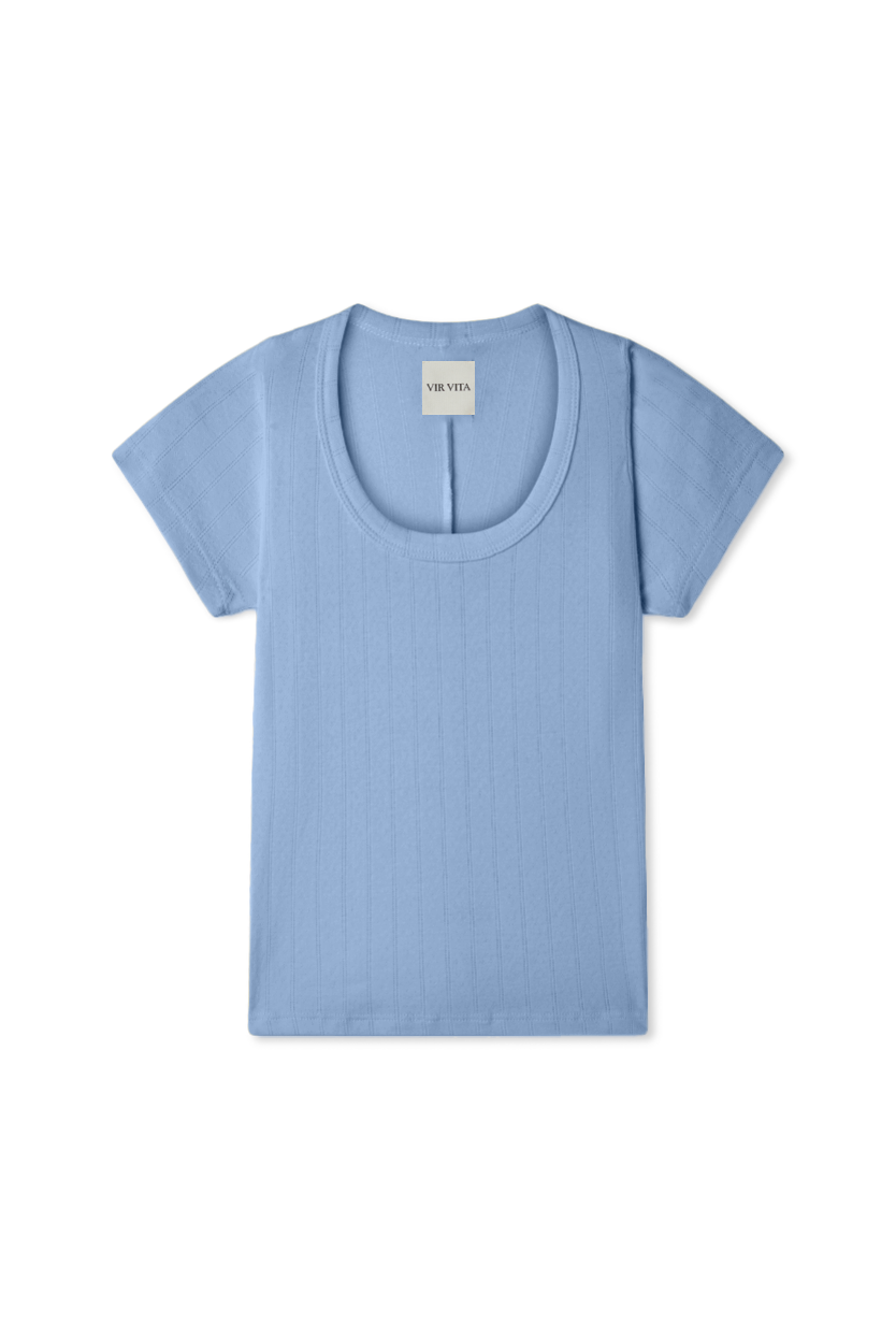 Pointelle tee in light blue made of 100% cotton featuring a flattering scoop neckline - VIR VITA
#color_vintage blue