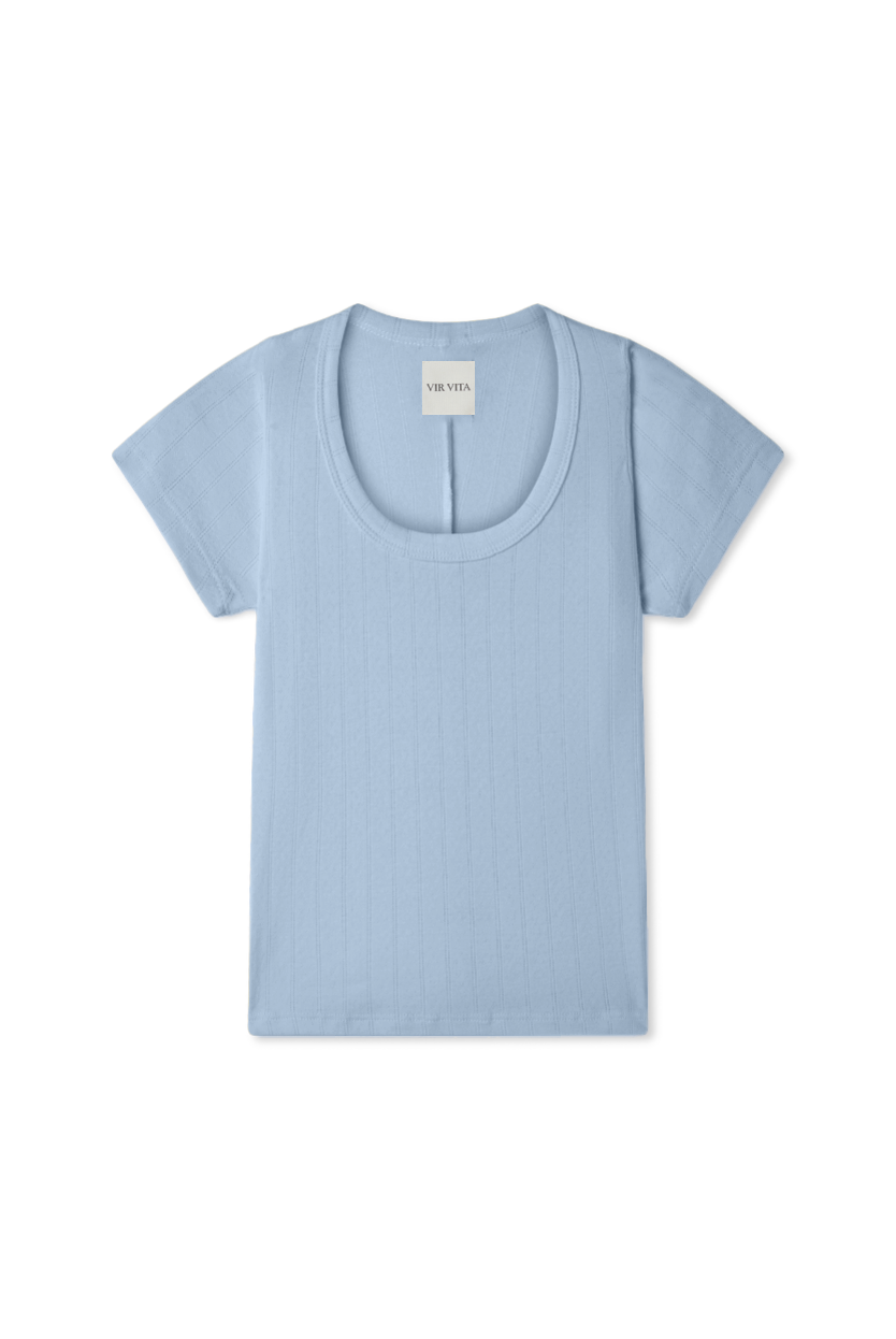 Pointelle tee in light blue made of 100% cotton featuring a flattering scoop neckline - VIR VITA
#color_vintage blue