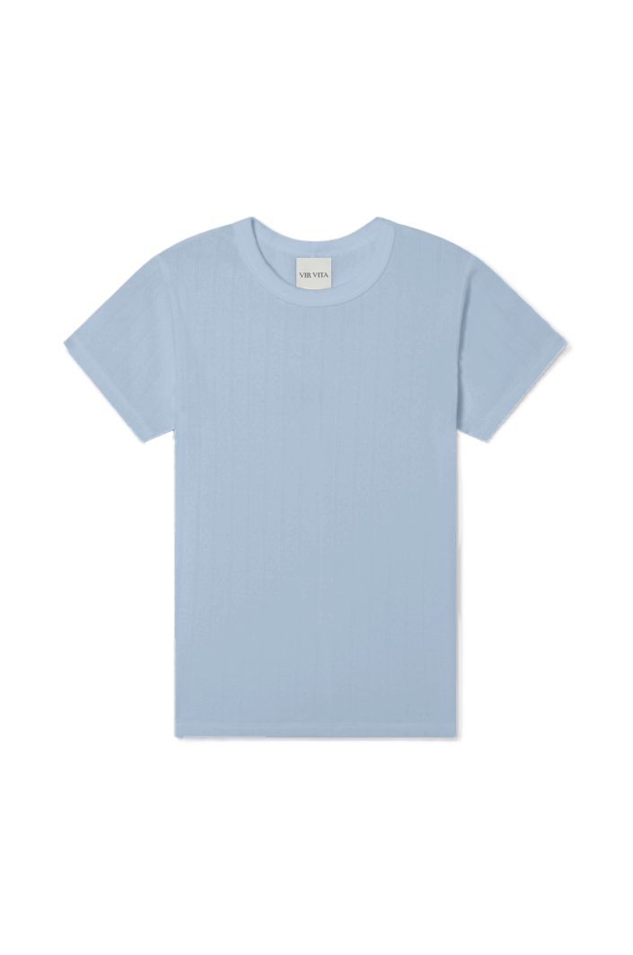 The signature 100% cotton Pointelle Tee with a classic crewneck neckline in light blue- VIR VITA 
#color_vintage blue