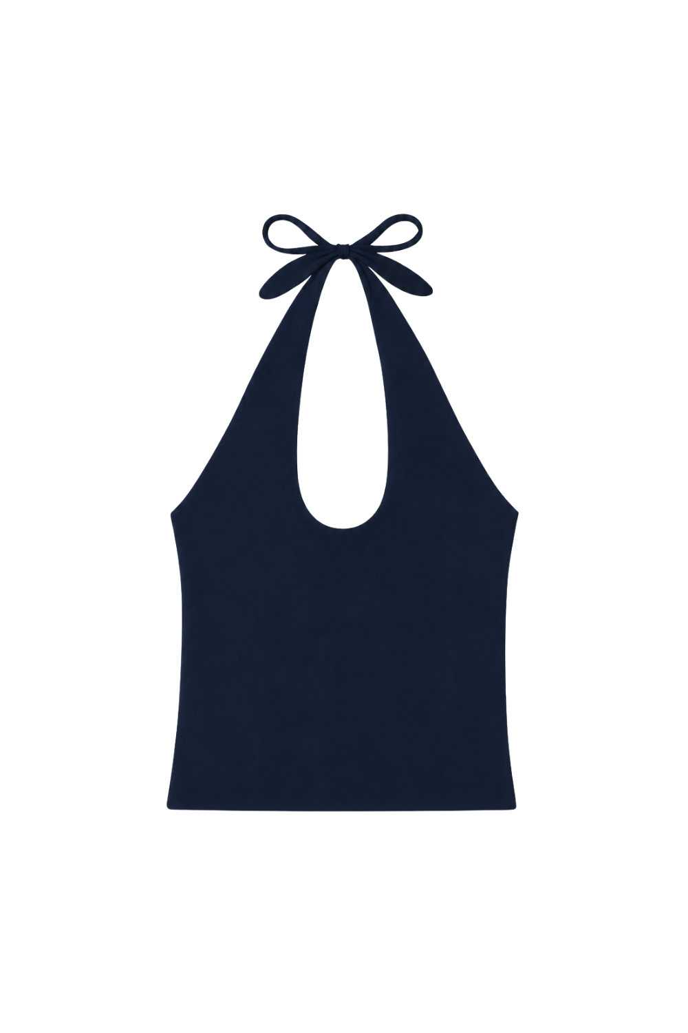 Women’s navy halter tank top with a deep neckline and feminine self-tie neck detail. - VIR VITA
#color_midnight