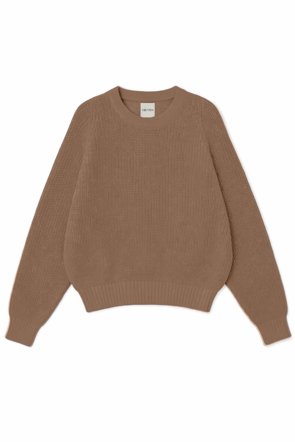 Flat image of a 100% cotton knit sweater with a flattering and subtly cropped silhouette in light brown - VIR VITA
#color_bark