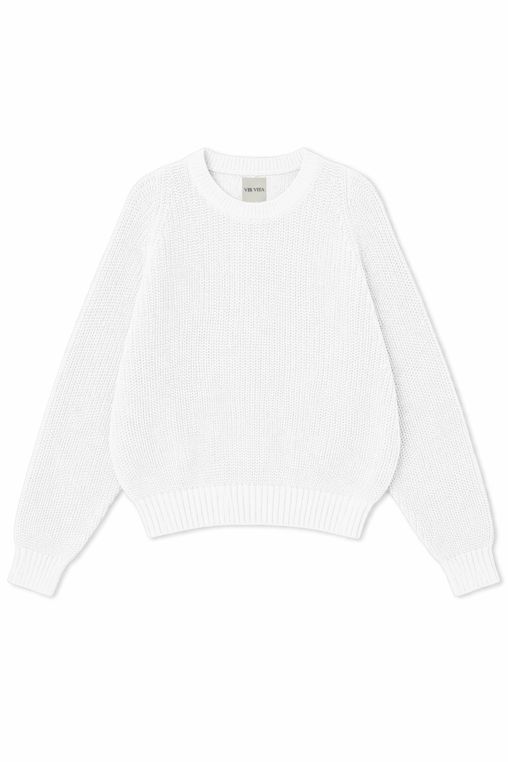 Flat image of a 100% cotton knit sweater with a flattering and subtly cropped silhouette in white - VIR VITA
#color_bone