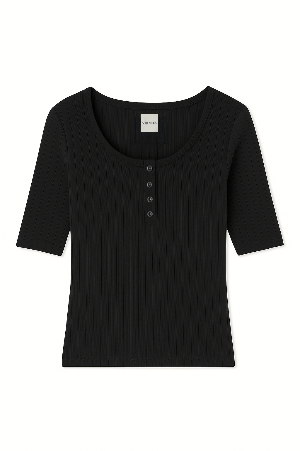 Flat image of a black henley quarter sleeve cotton pointelle top with matching buttons - VIR VITA
#color_black