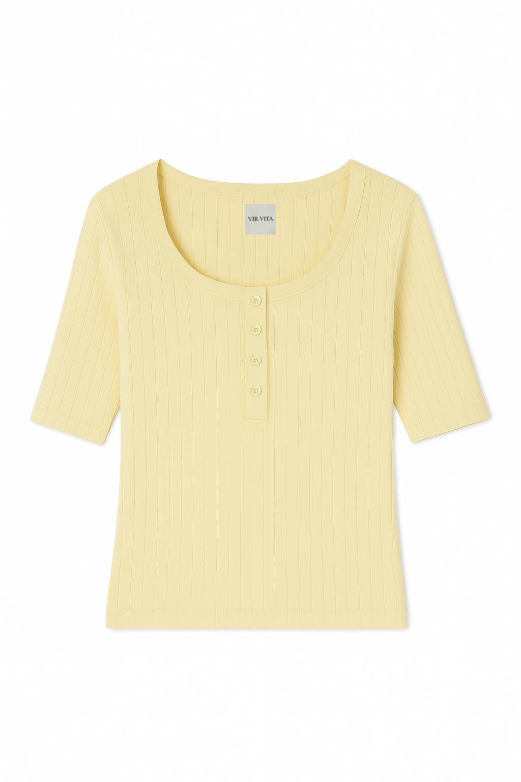 Flat image of a pale yellow henley quarter sleeve cotton pointelle top with matching buttons - VIR VITA
#color_butter