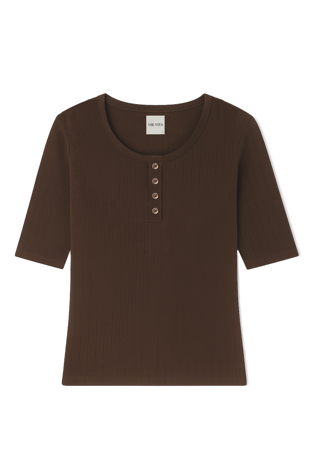 Flat image of a dark brown henley quarter sleeve cotton pointelle top with matching buttons - VIR VITA
#color_espresso