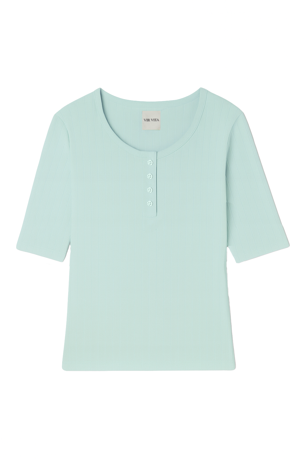 Flat image of a light turquoise henley quarter sleeve cotton pointelle top with matching buttons - VIR VITA
#color_sea glass