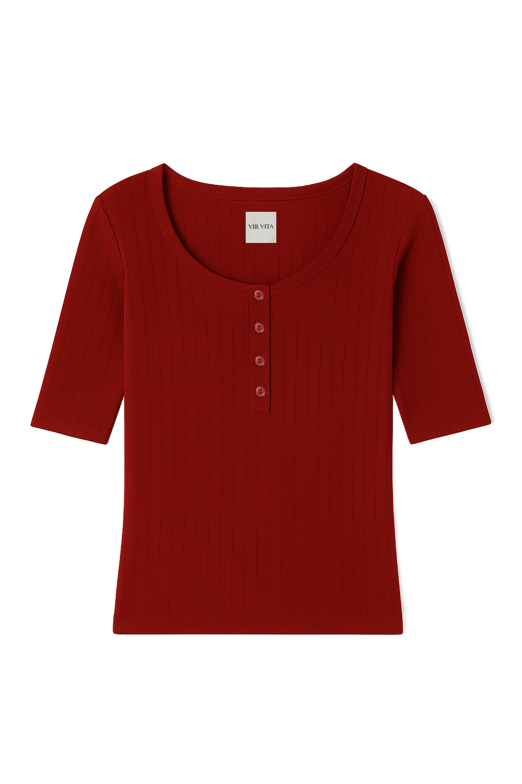 Flat image of a dark red henley quarter sleeve cotton pointelle top with matching buttons - VIR VITA
#color_sun dried tomato