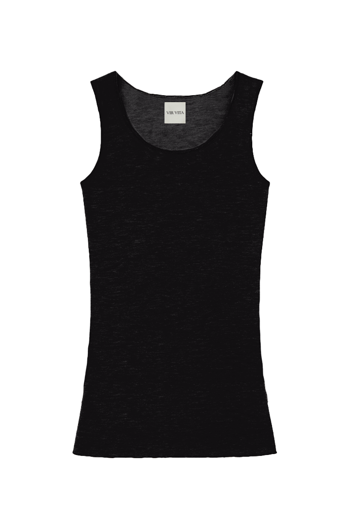 Flat image of a luxurious lightweight black modal silk knit tank top with a ribbed back- VIR VITA
#color_black