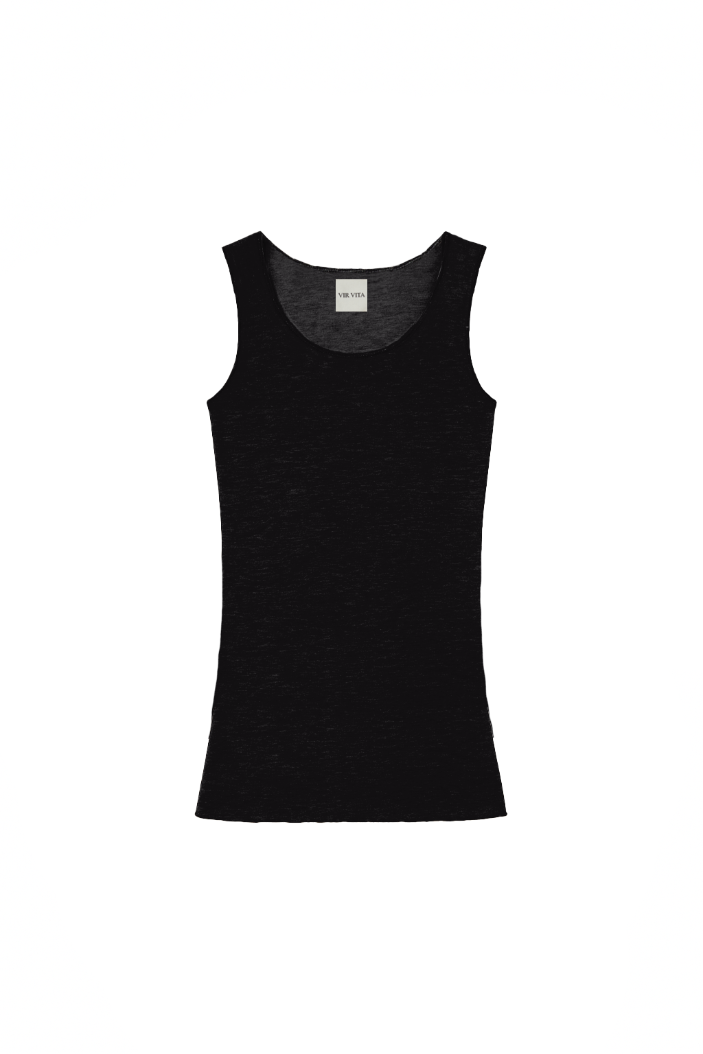 Flat image of a luxurious lightweight black modal silk knit tank top with a ribbed back- VIR VITA
#color_black