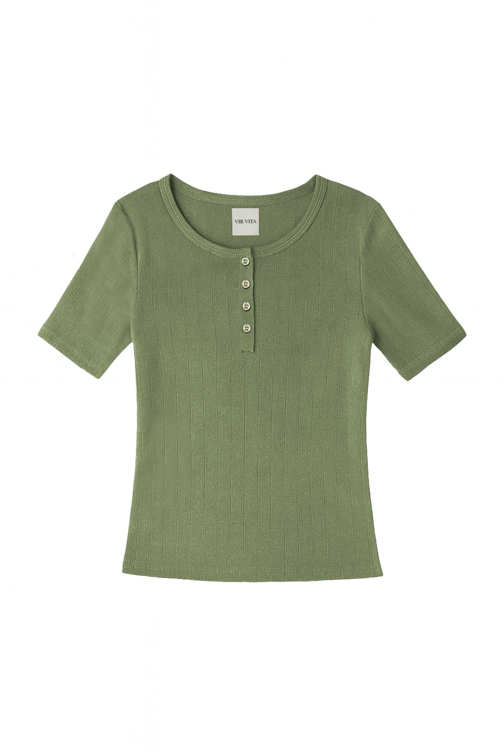 Flat image of a green henley quarter sleeve cotton pointelle top with matching buttons - VIR VITA
#color_sage