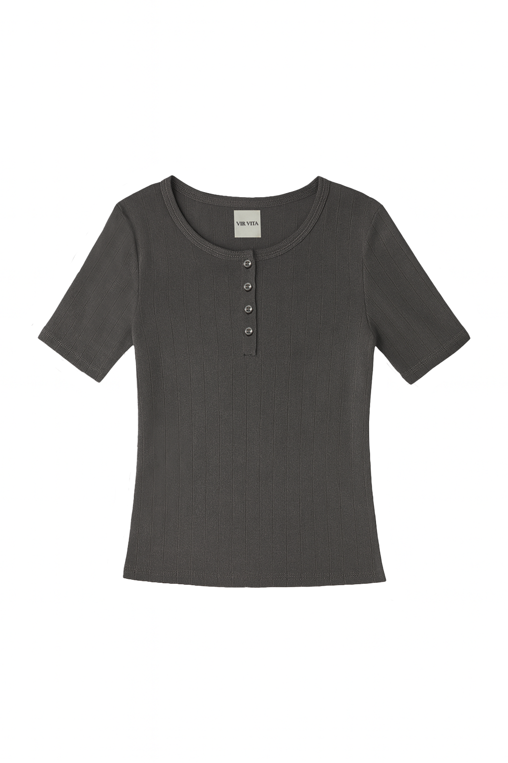 Flat image of a dark grey henley quarter sleeve cotton pointelle top with matching buttons - VIR VITA
#color_ stone grey