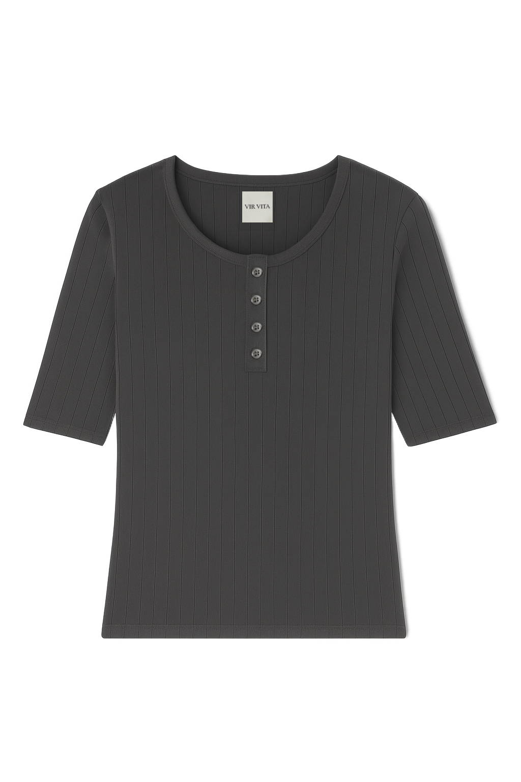 Flat image of a dark grey henley quarter sleeve cotton pointelle top with matching buttons - VIR VITA
#color_ stone grey